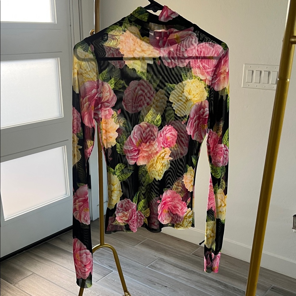 AFRM Black Floral sheer Blouse size M